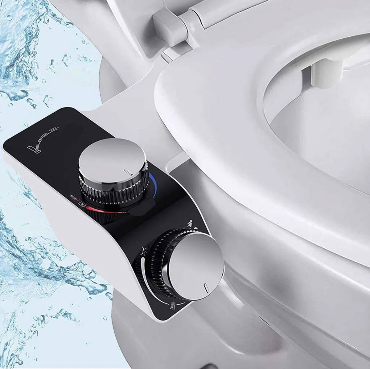 Toiletbril, bidetkop, zelfreinigende bidetkop met dubbele sproeikop voor warm en koud water, niet-elektrisch, met drukregeling.