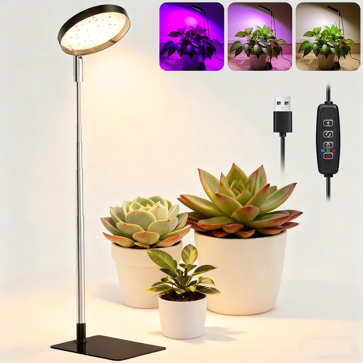 Rosnek LED Groeilamp met Basis en Full Spectrum - 48 Leds Dimbare Kweeklamp met Auto Aan/Uit Timer - Hoogte Verstelbaar - Groei en Bloei - voor Binnenplanten - Zwart
