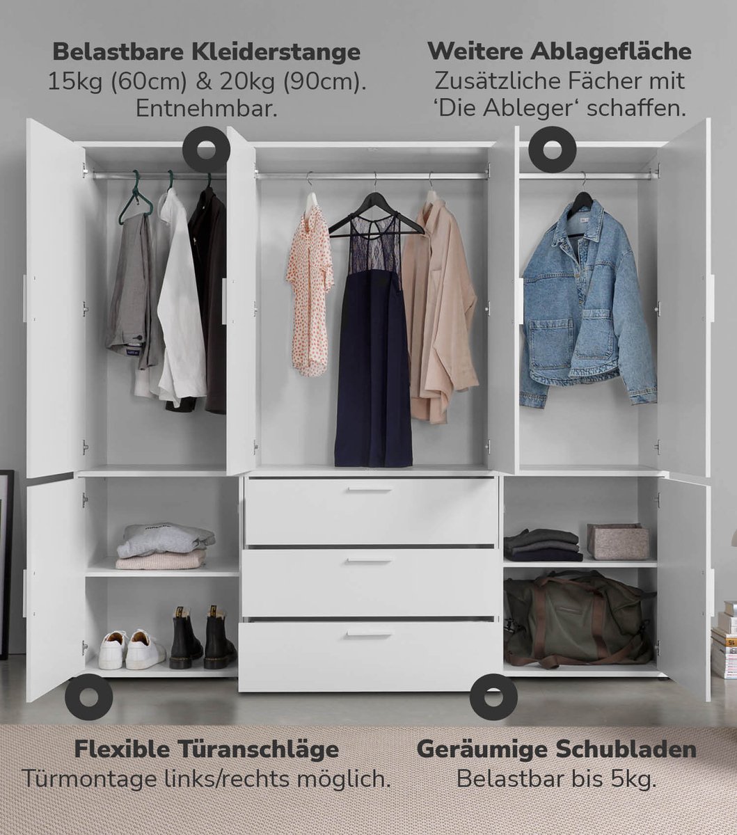 mokebo Kledingkast (210x187 cm) van hout in Zwart 6 deuren & 3 lades 'Der Grenzenlose' slaapkamerkast modulair & combineerbaar, garderobekast, halkast, draaideurkast, kast Wit