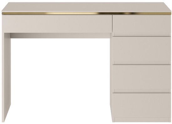 Een beige bureau met gouden accenten en een open vak onder het blad.