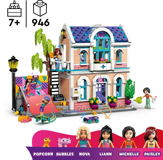 LEGO Friends Liann's Familiehuis met skateboardbaan, planten en zes poppetjes, inclusief huisdieren.