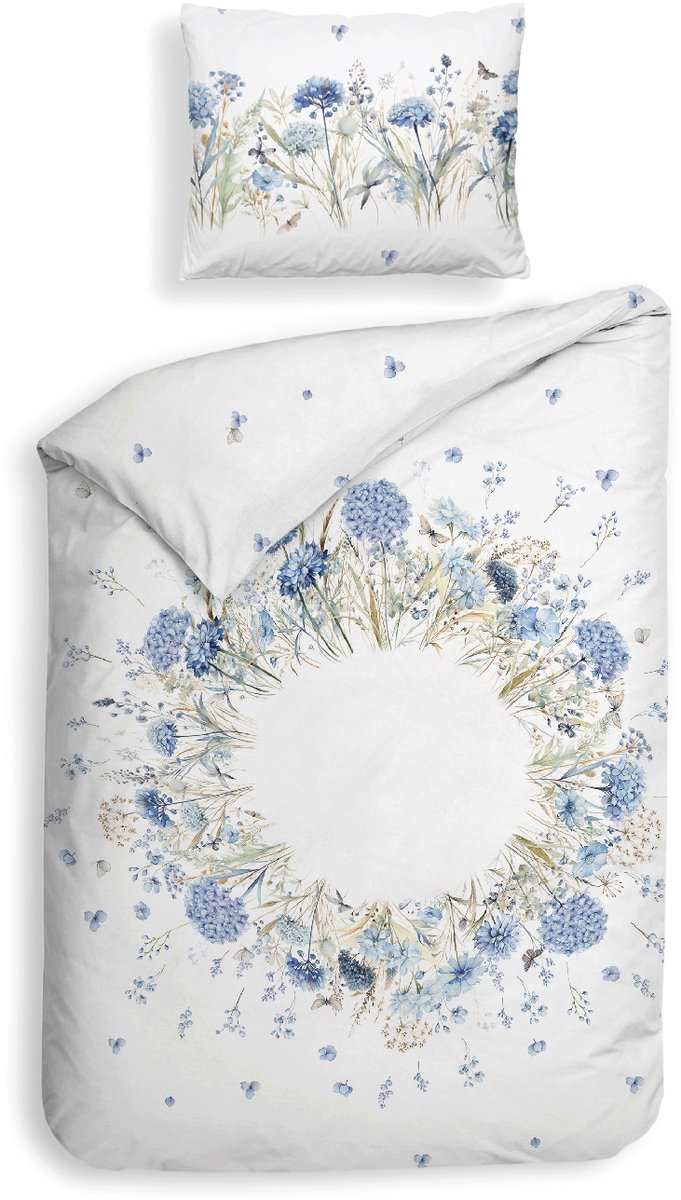 Heckettlane Dekbedovertrek Mikaela - Bedlinnen met Bloemen print - 140x200-220 cm - Wit - Dekbedovertrek van 100% Katoen-Clip Sheared White
