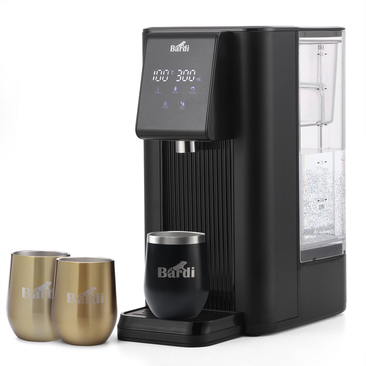 Bardi Heetwaterdispenser 2,6L – 6 Temperatuurstanden 45-100°C – Instant Waterkoker – Touch Display – Inclusief 3 Thermoscups (Zwart + Goud) & Onderzetter – Zwart
