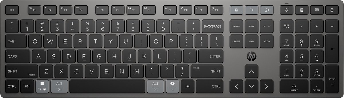 HP 725 - Toetsenbord multi-apparaat, oplaadbaar, aangedreven door SuperCapacitor - full size - draadloos - 2.4 GHz, Bluetooth - QWERTY - Internationaal Engels - schemerzwart