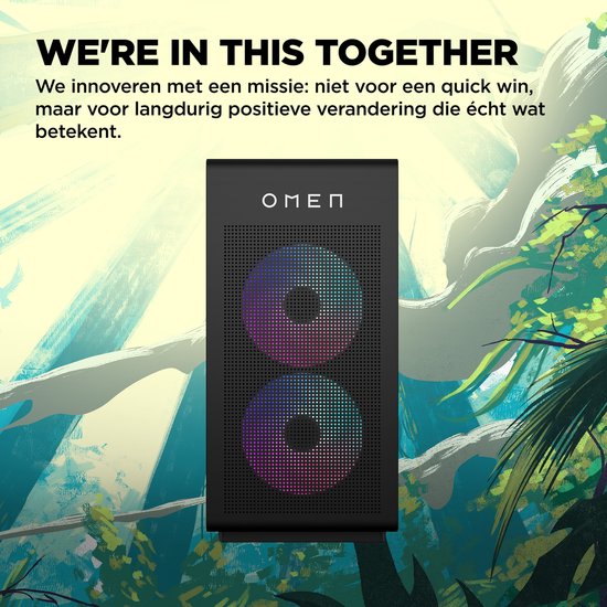 Zwarte OMEN gaming pc met dubbele ronde RGB ventilatoren op het front, in een jungle setting.