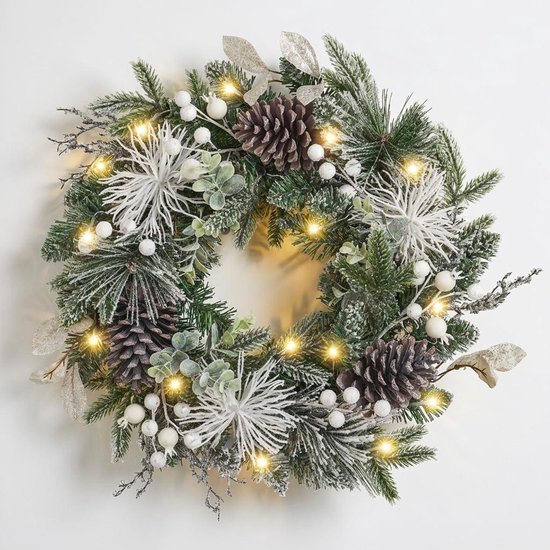Lights4fun 50 cm deurkrans eenvoudige krans van hout en kunstmatige rode bessen kerstkrans kerstdecoratie