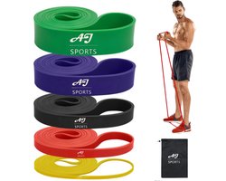 AJ-Sports Pull up bands - Weerstandsbanden - Resistance Bands - Fitness Elastiek - Set van 5 banden - 5 verschillende Weerstanden - Fitness elastiek - Crossfit - Powerlifting banden - Sport - Fitness - Inclusief draagtas - Calisthenics