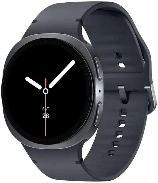 Donkergrijze smartwatch met zwart wijzerplaat. Toont 'SAT 28'.