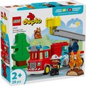 LEGO Duplo 10473 : Camion de pompiers rouge avec échelle, pompier, arbre et flammes.