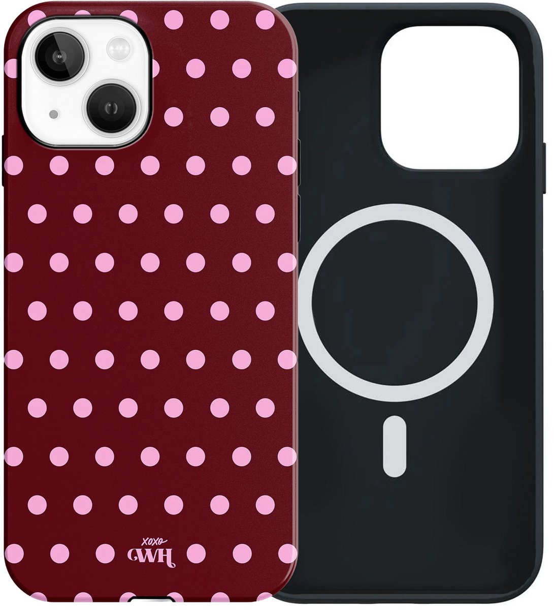 xoxo Wildhearts Polka Dots (Burgundy) - Double Layer - Magnetisch hoesje geschikt voor iPhone 15 MagSafe - Hard case met stippenpatroon - Beschermhoes - Shockproof case - Stippatroon - Burgundy / Bordeauxrood