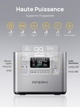 Zilveren AFERIY powerstation met digitaal display, toont 4 oplaadmethoden en diverse aansluitingen.