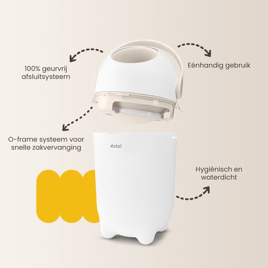 Witte luieremmer met crème deksel, 100% geurvrij afsluitsysteem, O-frame voor snelle zakvervanging, éénhandig gebruik.
