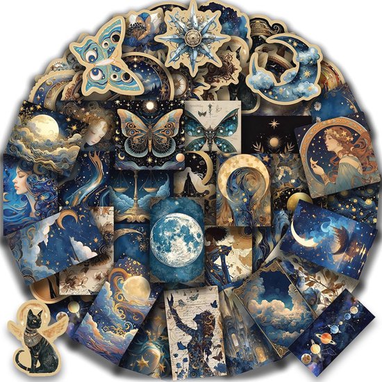 Sélection circulaire d'autocollants sur le ciel nocturne et la fantaisie en haute résolution, y compris des lunes, des papillons et des étoiles.