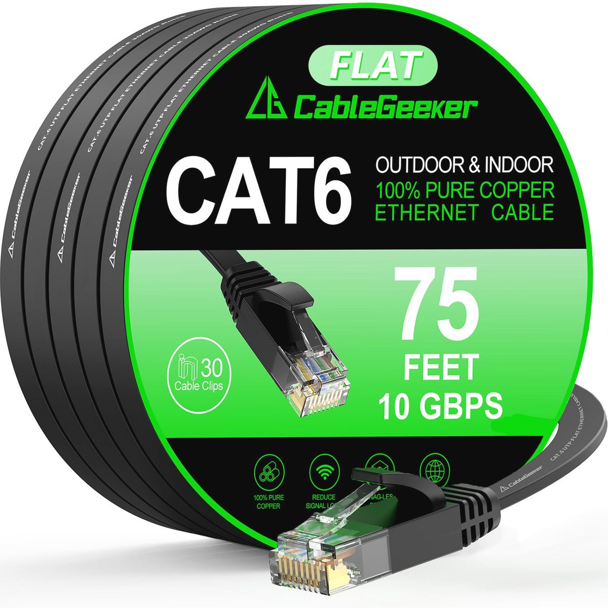 Hoge Snelheid Cat 6 Ethernet-kabel 75 ft - Platte UTP Kabel voor Binnen en Buiten