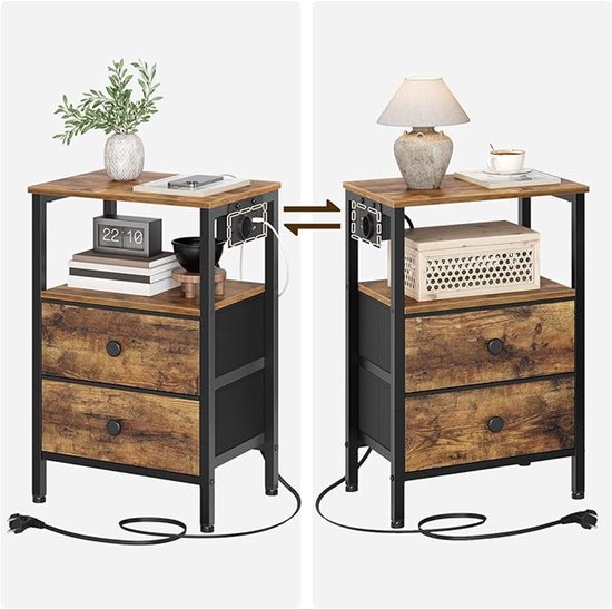 Nachtkastje Set van 2 met Oplaadstation – 2 Laden + Bovenplank – 1 Stopcontact & 2 USB-poorten (1,5 m kabel) – Industrieel Vintage Bruin/Zwart – Compact & Stevig – Voor Slaapkamer & Woonkamer