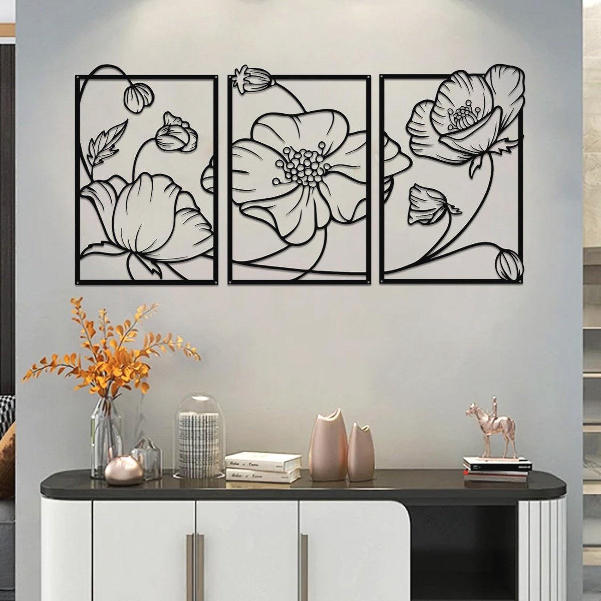 3 Stuks Zwarte Wanddecoratie van Metaal - Minimalistische Bloemen Lijnkunst voor Thuis