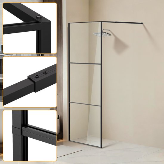 Paroi de douche 80 x 200 cm Zwart – Douche à l'italienne, verre de sécurité 5 mm, réglable et fixation latérale (gauche/droite), fixation murale