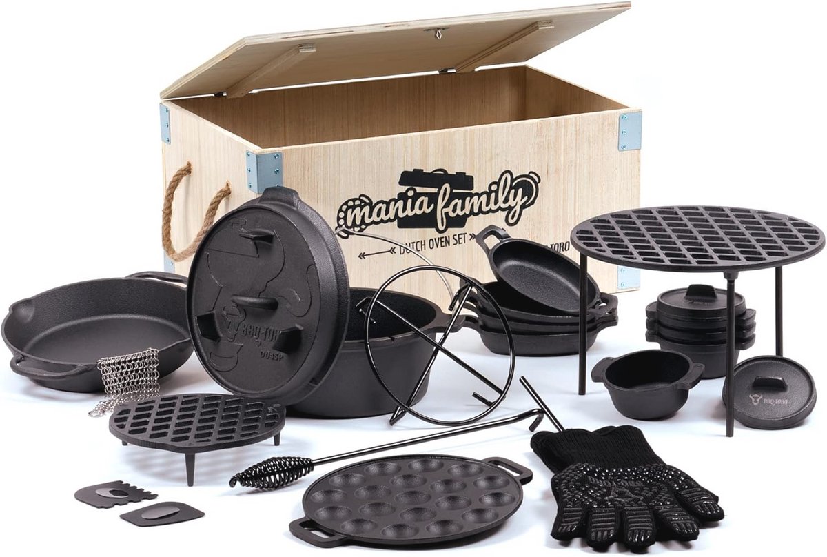 Complete 19-delige Dutch Oven Set met Houten Kist en Toebehoren