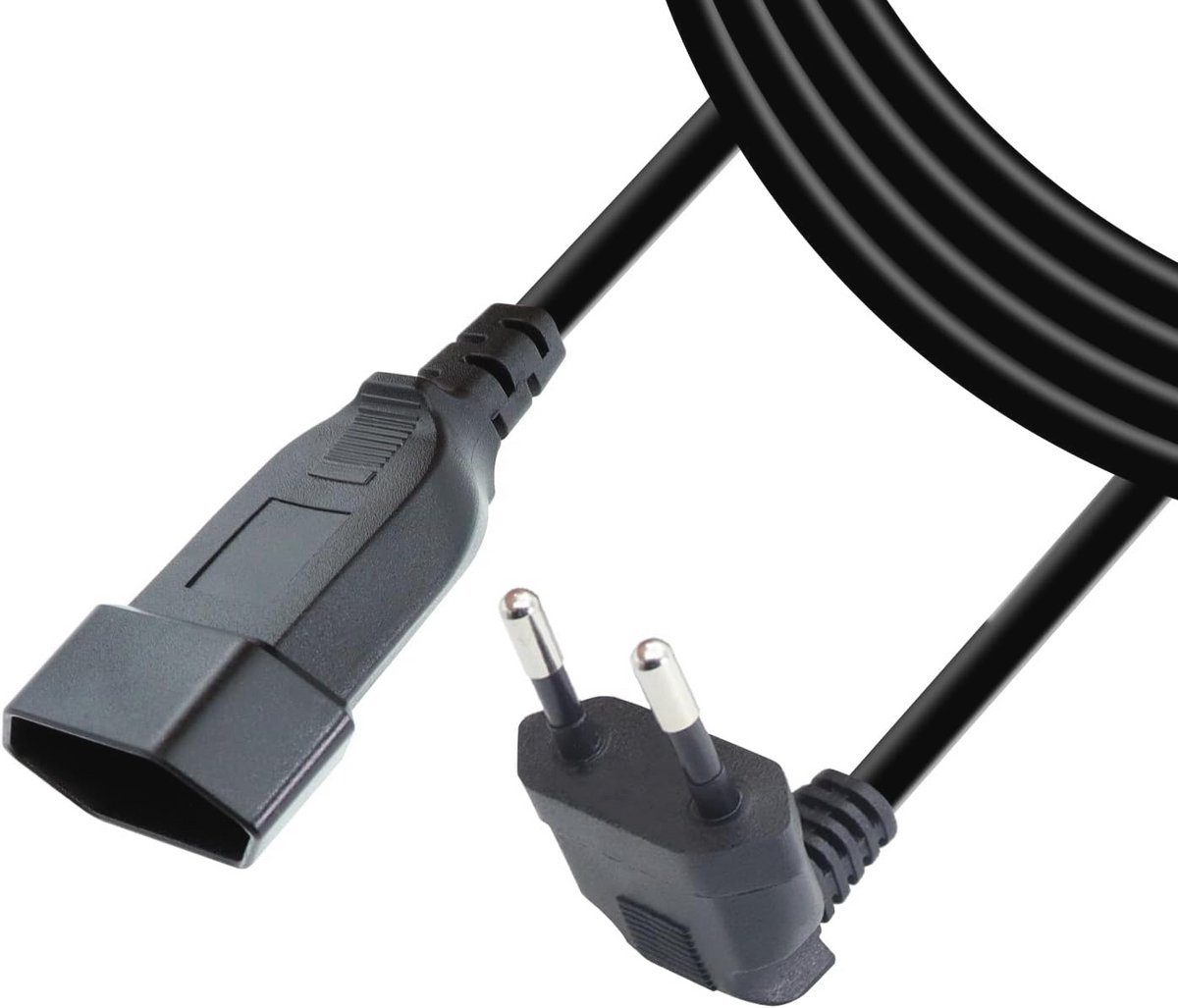 90 graden rechthoekige Euro-stroomverlengkabel - type C stekker eurostekker naar type C eurobuist, 2m, 0,75 mm², 250V