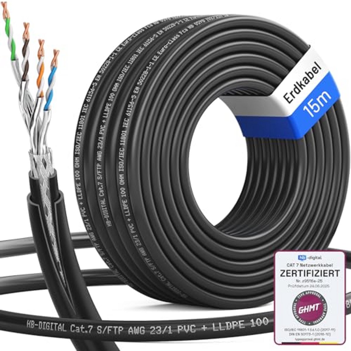 15 m CAT 7 Outdoor Netwerkkabel - S/FTP AWG23 - 10Gbit/s Ethernet Kabel voor Buitengebruik