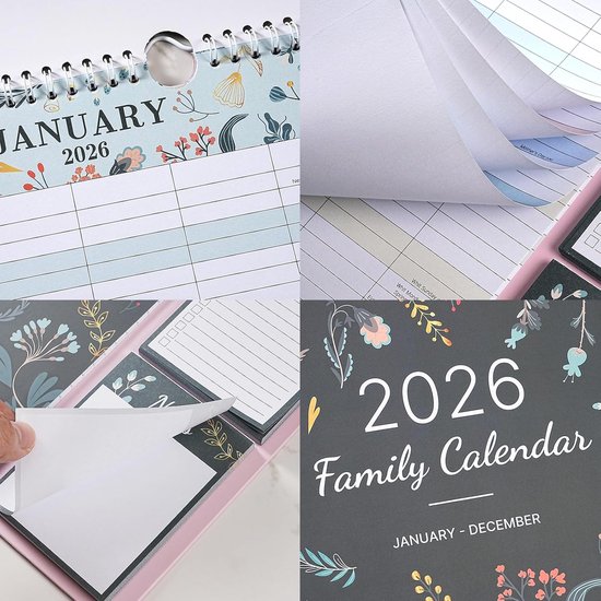 Familiekalender 2026 met 5 kolommen en boodschappenlijst