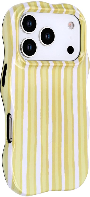 Telefoonhoes met gele en witte verticale strepen, op een iPhone met drie camera's.