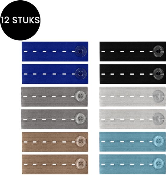 Twaalf broekverkleiners in de kleuren blauw, zwart, grijs, lichtgrijs, bruin en cyaan met witte stiksels en knopen.