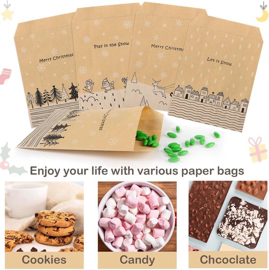 Kesote 24 cadeauzakjes voor Kerstmis, papieren zakjes voor geschenken, snoep, koekjes, 24 zakjes 24 stickers, 21 x 11,5 x 8 cm