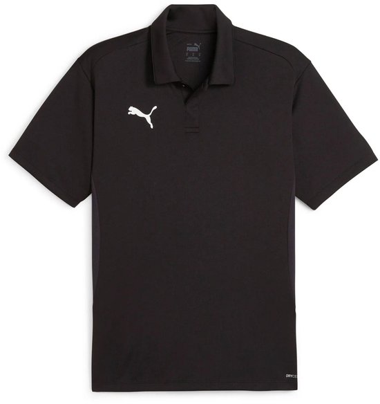 Zwarte polo met korte mouwen, Puma-logo links, paarse zij-inzetstukken, 'DRYCELL' logo onderaan.
