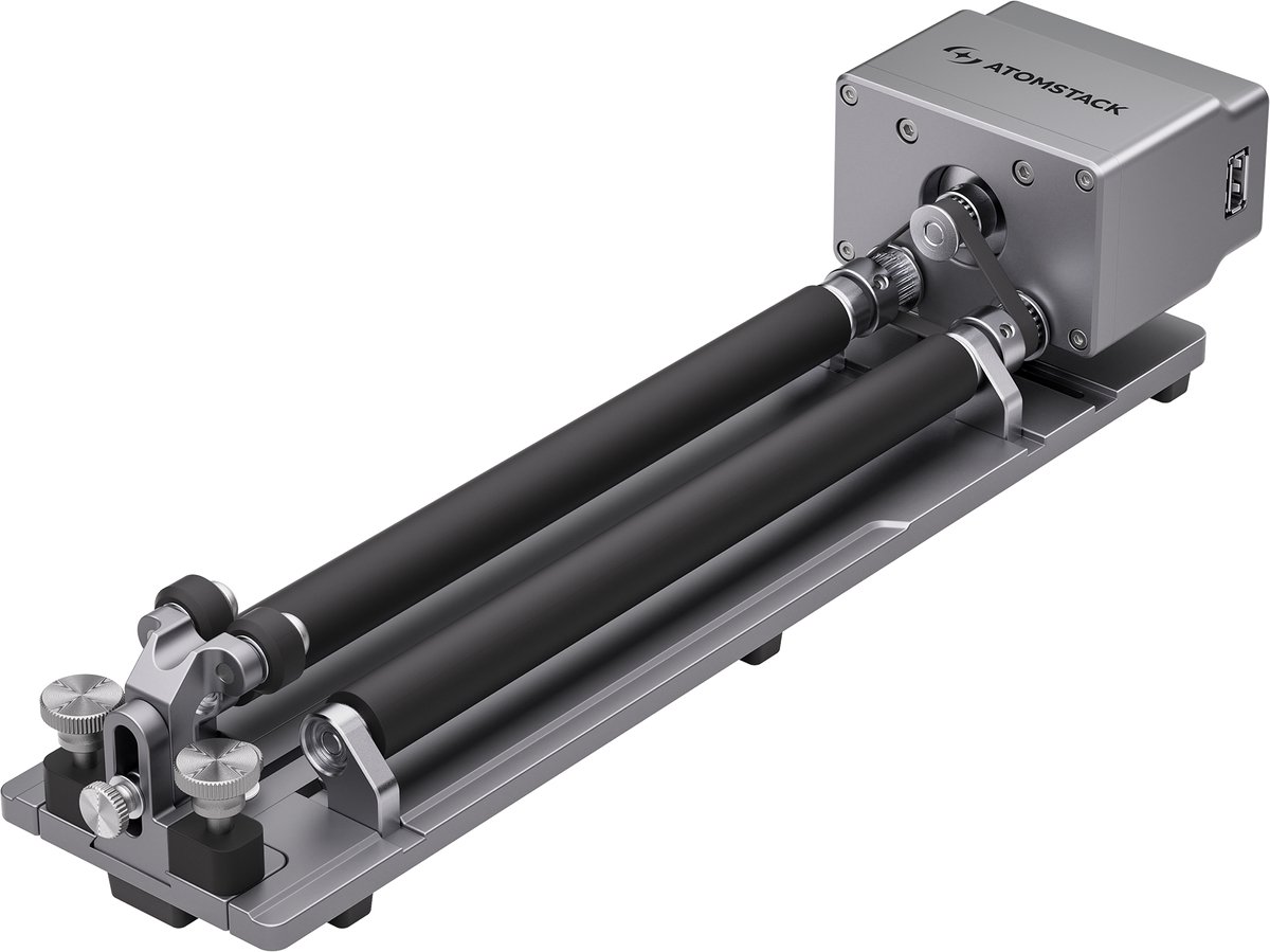 AtomStack R6 Roterende Roller – Verstelbare Parallelrollen – 0–120 mm Diameter – Slimme Herkenning – Compatibel met Hurricane – Voor Cilindrische Gravures