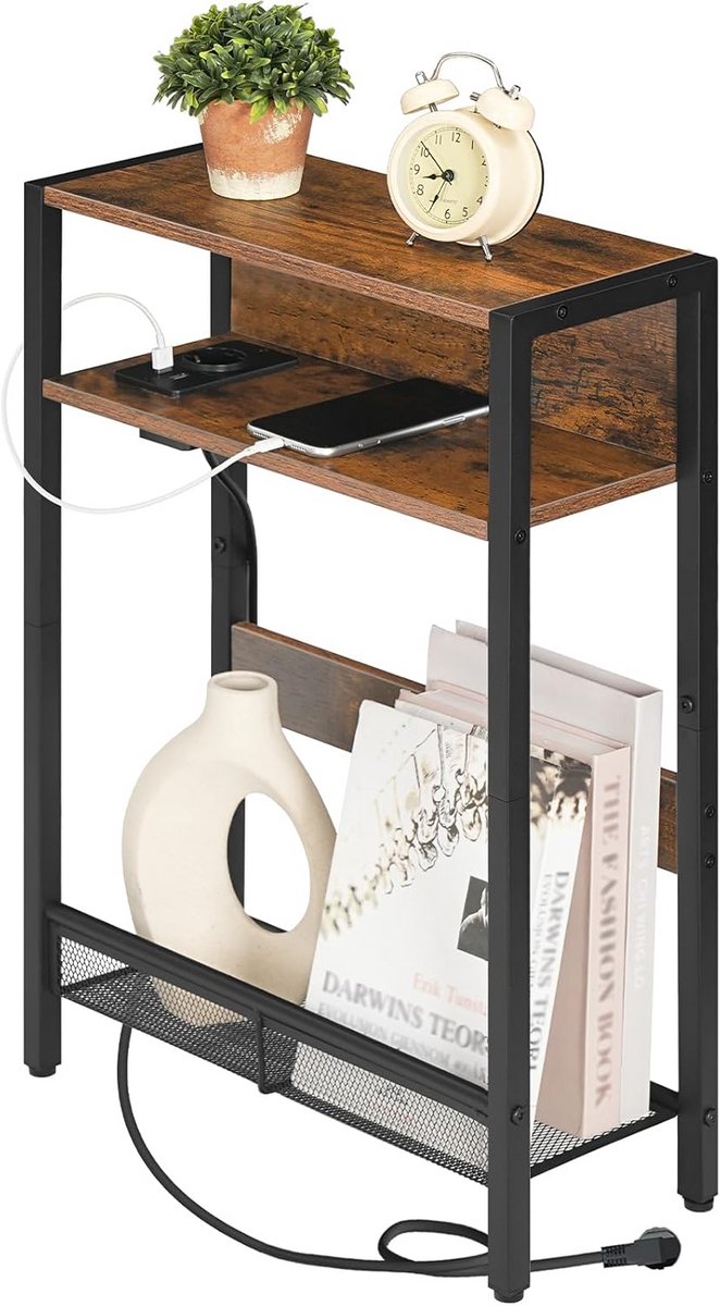 Compact bijzettafel met oplaadstation en twee houten bladen