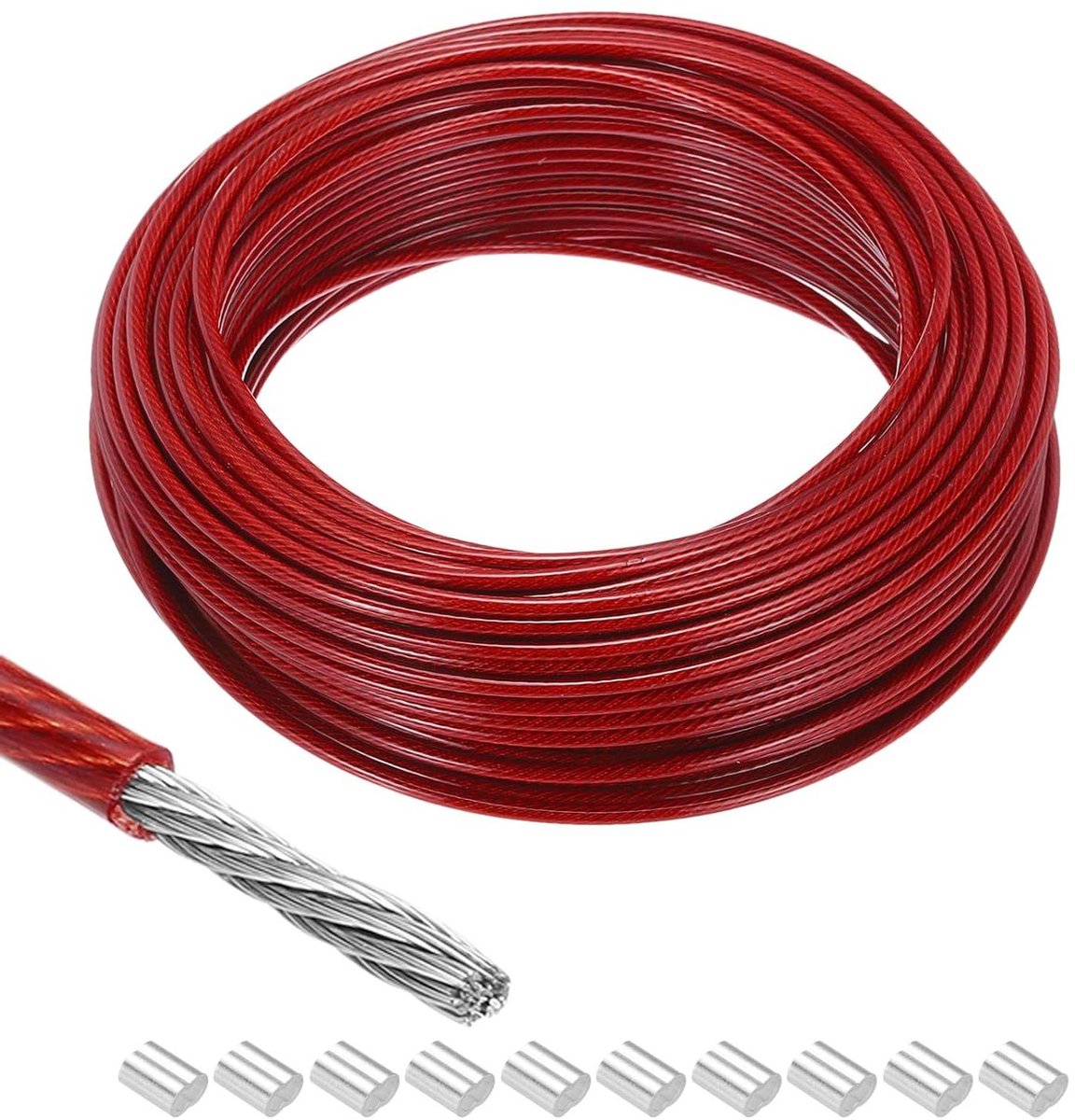 Ronte - Metalen kabel van roestvrij staal 304 - 30 meter - 1/8 inch (3 mm) - Vinyl gecoat - Aluminium hulzen - Wasrek - Optillen - Rood