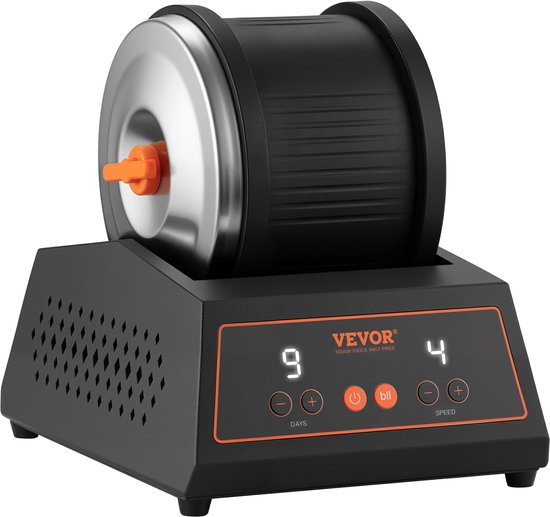 Zwarte Vevor polijstmachine met oranje bedieningspaneel, met digitale displays voor dagen en snelheid.