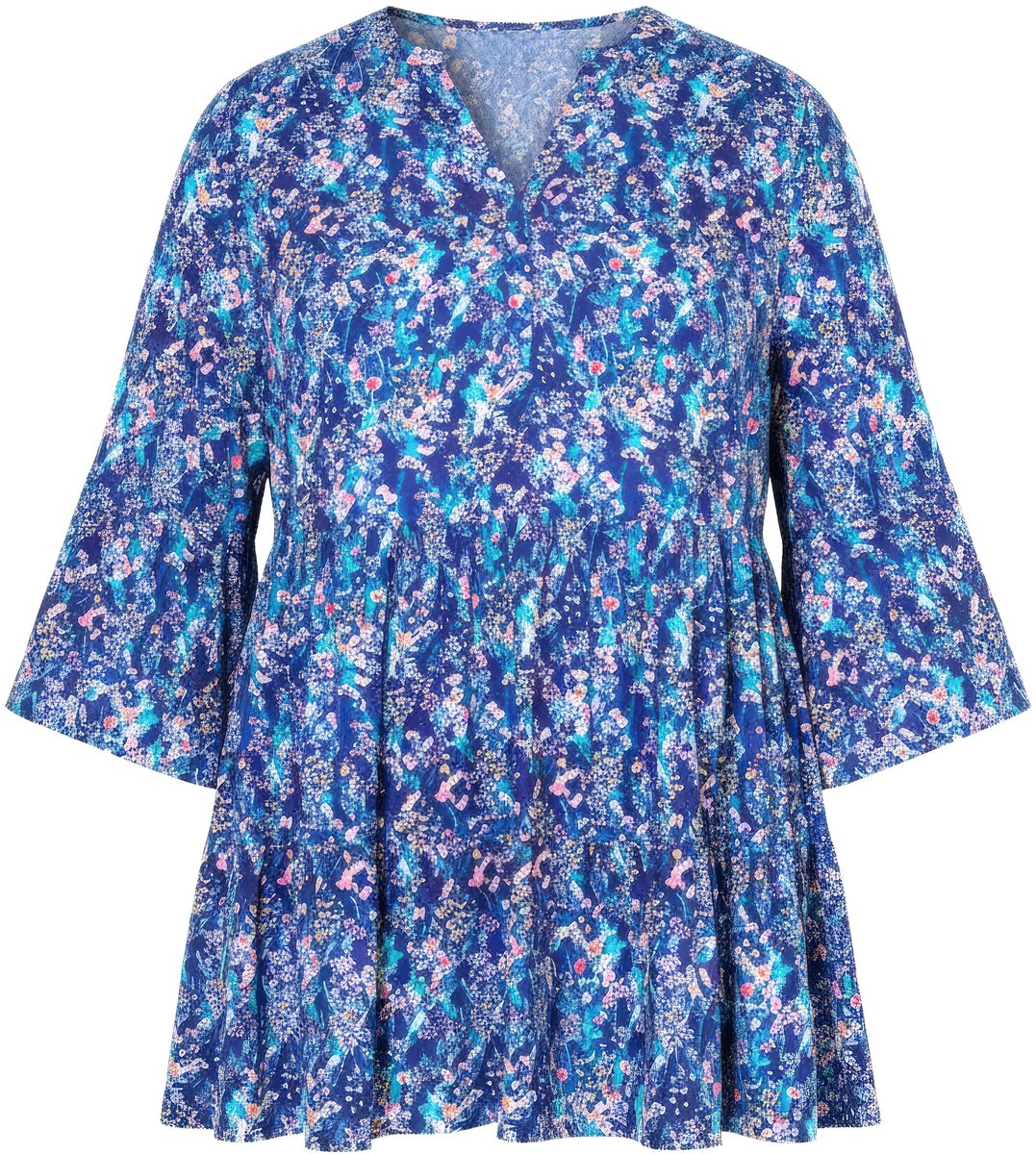 Angel of Style - Dames - Blouse A-lijn bloemetjesmotief 3/4-mouw volants - Koningsblauw - Maat 44