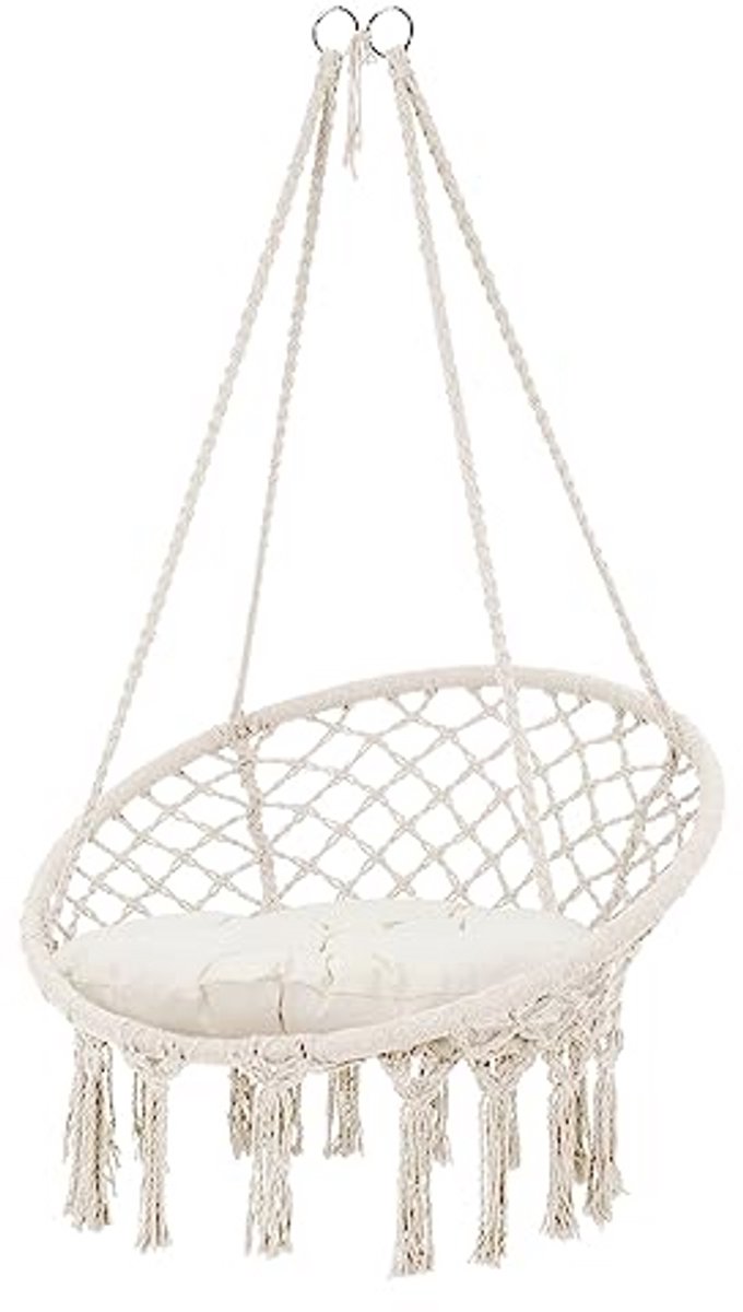 Hangstoel Met Zitkussen – Beige Boho Stijl Macrame Ontwerp – Ruimtebesparend Voor Binnen & Buiten – Belastbaar Tot 120kg
