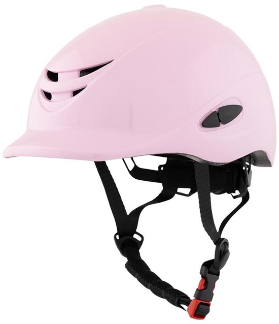 Roze rijhelm met ventilatieopeningen aan de voor-, achter- en zijkant.