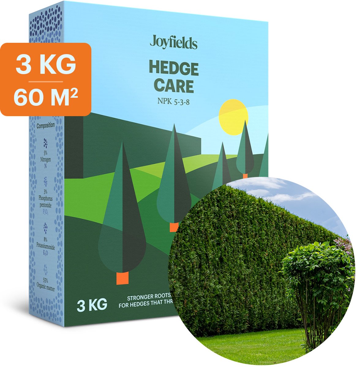 Joyfields Hedge Care - Organische meststof Taxus, Hagen & Coniferen - 3 kg voor 60 m² - 120 dagen voeding - 100% organisch - Versterkt de wortels - Voor een diepgroene kleur
