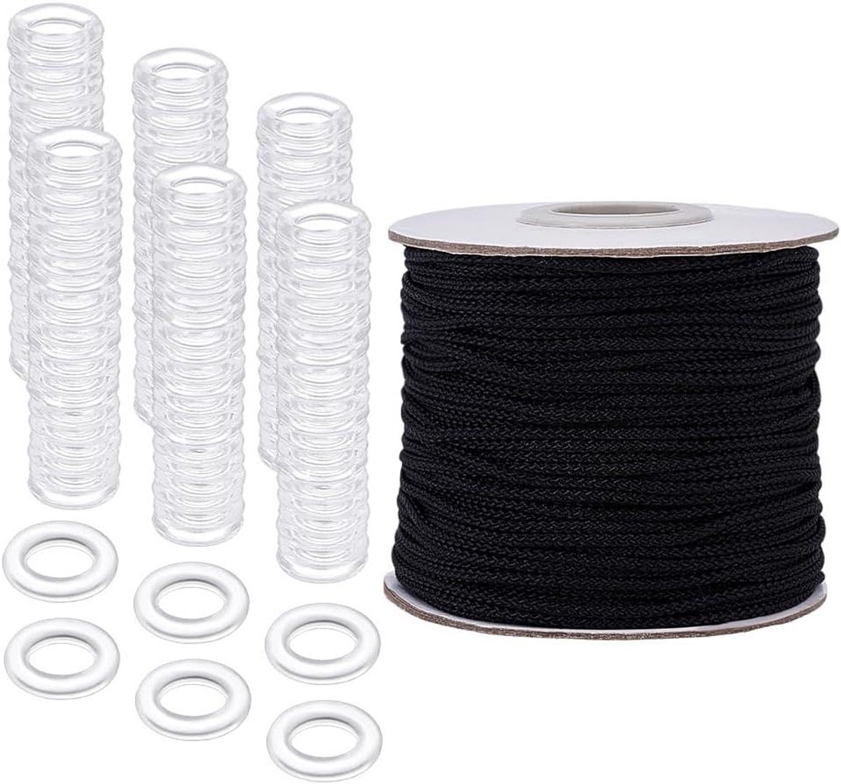 TTGoods - Romeins koord voor gordijnen, 50 meter, 2 mm, gevlochten koord met 100 transparante liftende gordijnringen, 14 mm, acryl ringen voor lift, schaduwgordijn, tuinieren