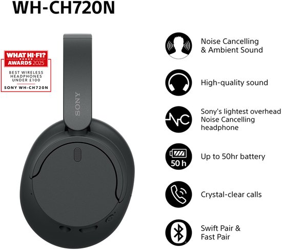Sony WH-CH720N koptelefoon, zwart. Met ruisonderdrukking, 50 uur batterij, snelle koppeling.