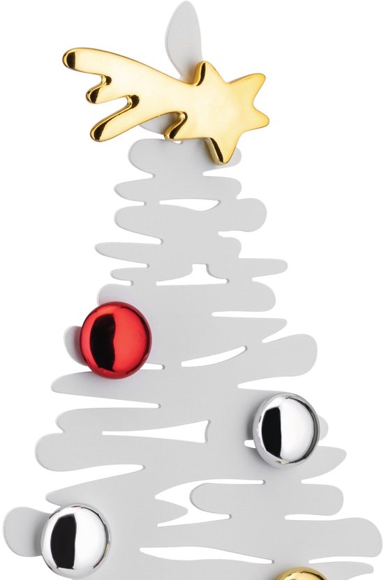 Détail d'un arbre de Noël blanc en métal avec étoile dorée, boules rouges et argentées.