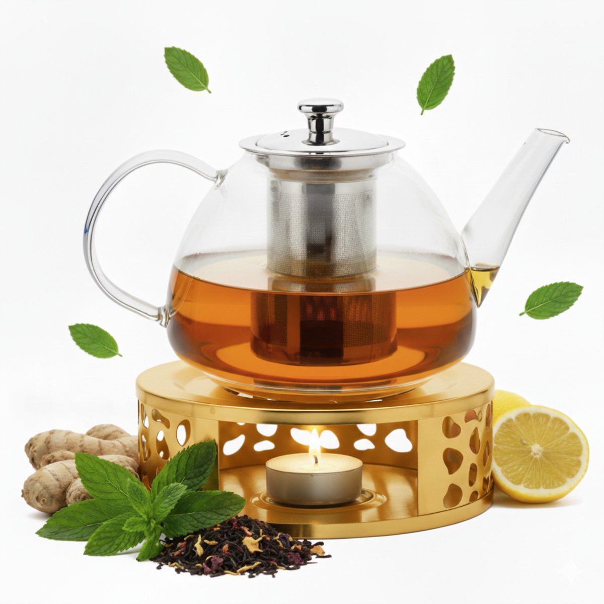 Vaja Glazen Theepot Fay 1 .4 Liter met Filter en Warmhouder - Theepot Glas voor Losse Thee en Theebloemen - Tea Maker - Theelicht houder voor Theekan met Zeef - Infuser - Warmer - Goud