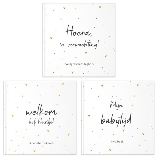 Trois livres à remplir Fyllbooks, 'Hourra, en attente !', 'Bienvenue petit chéri !' et 'Mon temps de bébé'.