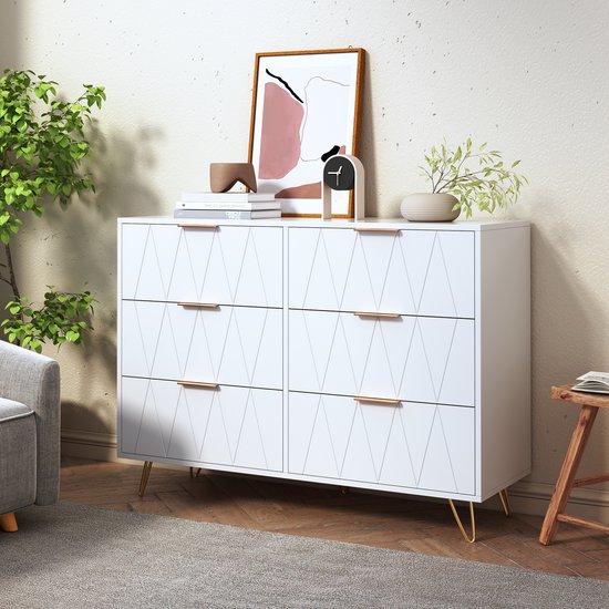 Commode ROSAHQNDA à 6 tiroirs, meuble de chambre, coiffeuse de salle à manger, meuble de salon, armoire, avec dispositif anti-basculement, blanche