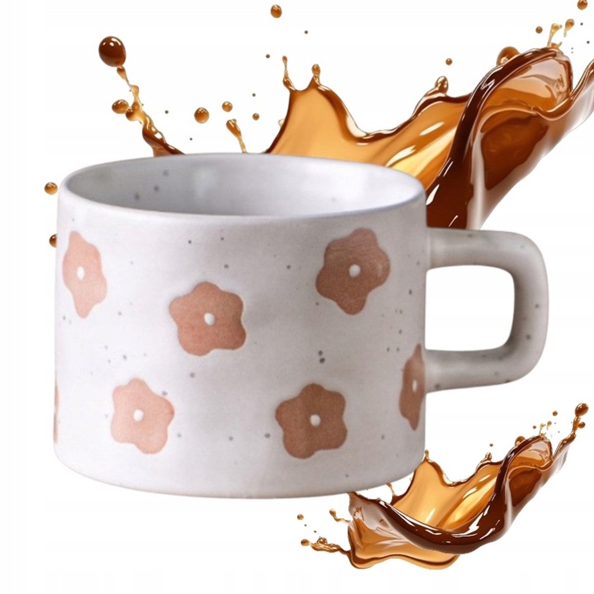 Ecarla KB30 Keramische Mok 250ml - Elegant Bloemendesign, Beige/Wit