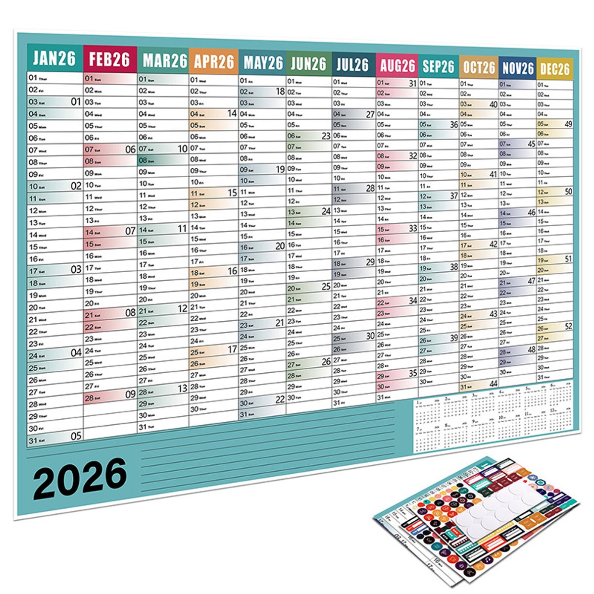 2026 Nieuwe jaarlijkse dagkalender Geschikt voor aan de muur, planner Geschikt voor 365 dagen, jaarlijkse hangplanner, weekplanner (12 maanden)