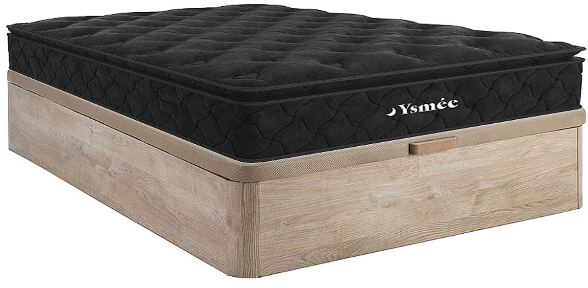 Vente-unique Set 140 x 190 cm bedbodem met opbergruimte, licht naturel + matras met pocketveren met ingebouwd dekmatras van 28 cm dik - BLACK DREAM van YSMÉE