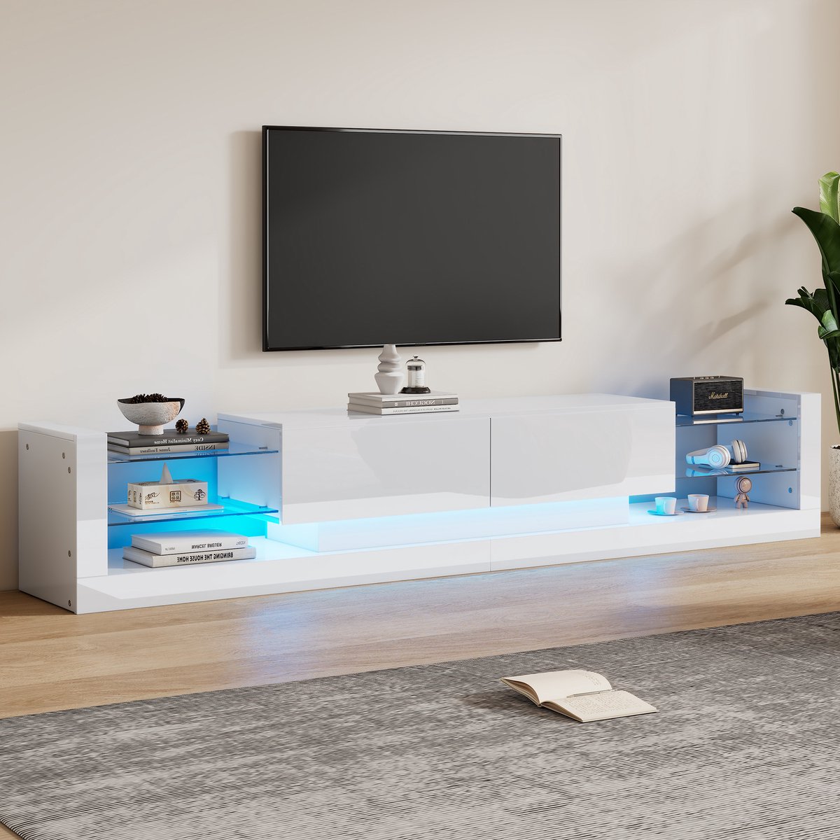 Wishdor Tv-Meubel Met Ledverlichting - Hoogglans Met Glasfront - 2 Kleplades - Spaanplaat - Wit - 181 x 38 x 38 cm