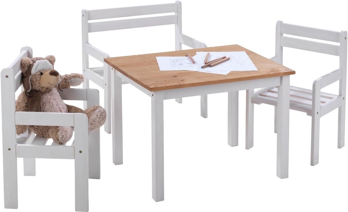 4-delige Houten Kinderzitgroep: Tafel, Bank en 2 Stoelen in Wit Grenenhout