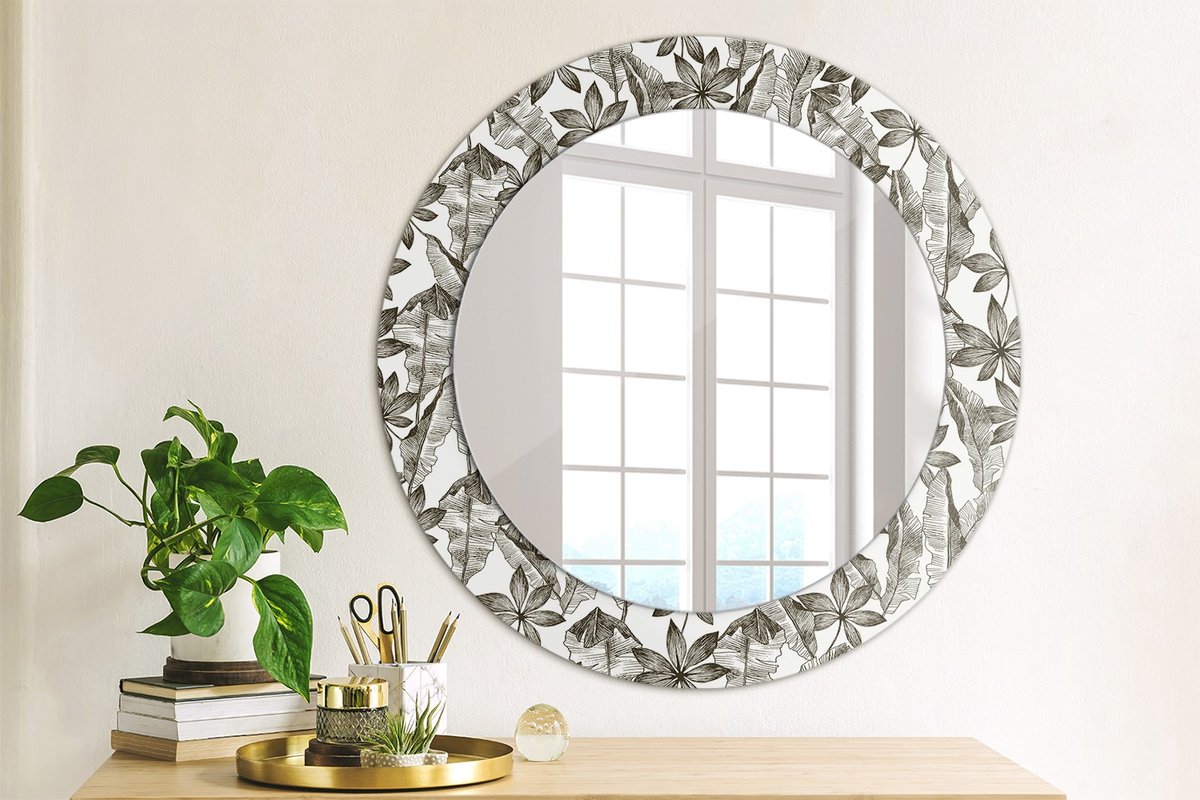 Coloray Bedrukte Spiegel - Tropische bladeren Spiegel Lijst Met Print - 60 cm - Zwart en wit Bedrukte Spiegel - Spiegel Lijst Met Print - Spiegel Met Print - Wandspiegel Met Print