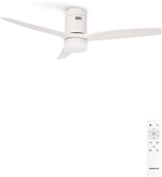 Plafondventilator wit 40W Ø132 cm met LED verlichting 3 kleuren, timer, afstandsbediening, zomer/winterfunctie, stil